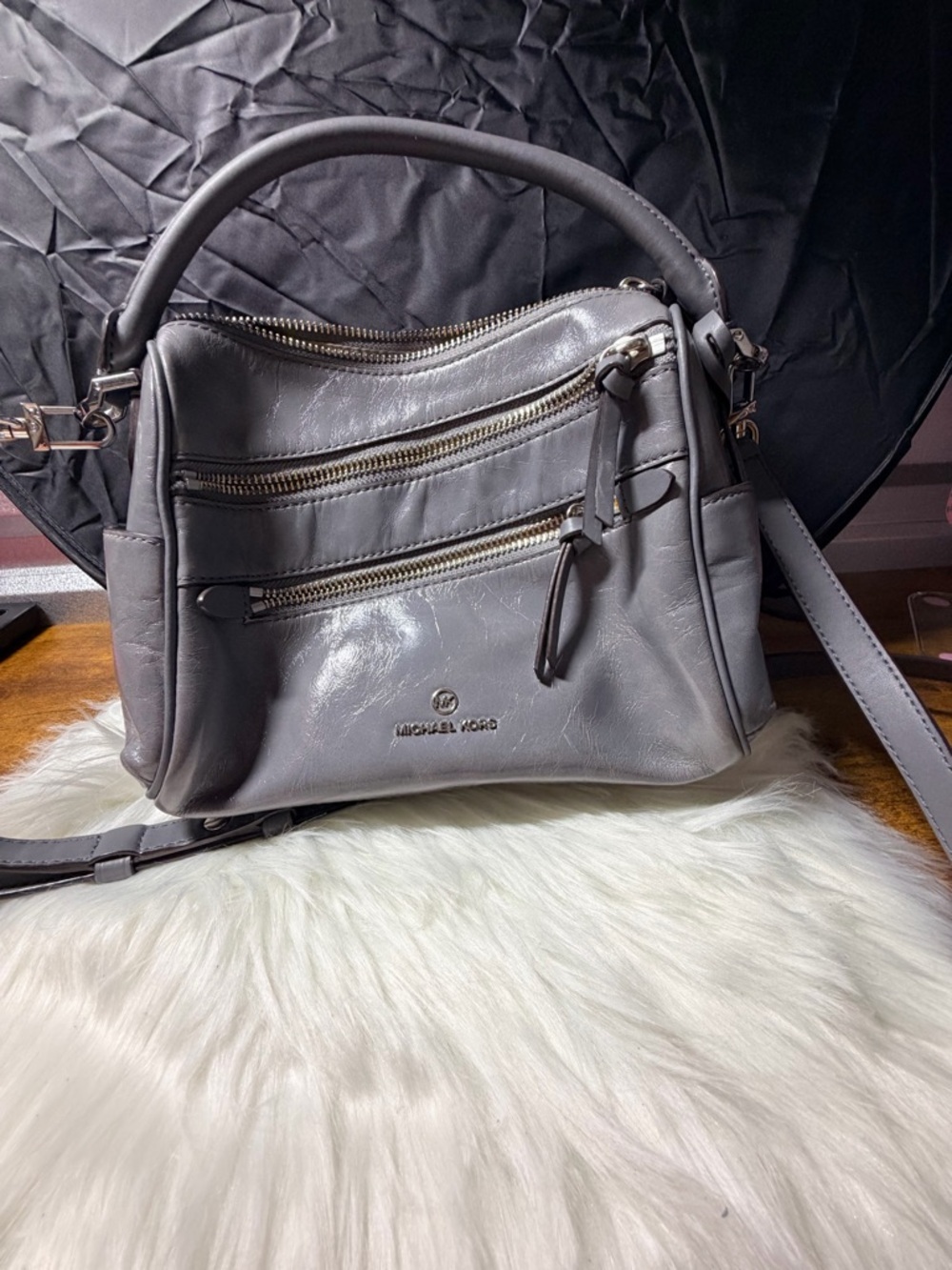 Michael Kors Light Gray Leather Satchel with Dual Zip Front